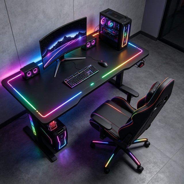 RGB LED Gaming Desk Tempered Glass I Shape Steel Frame Computer Table for Gaming Room Home Office