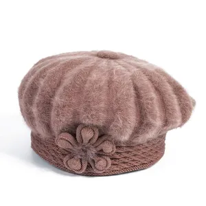 Villus Beret Hat Winter Warm Thickened Hat New Fashion High Quality Custom Rabbit Fur for Women Beanie Knitted Striped Female