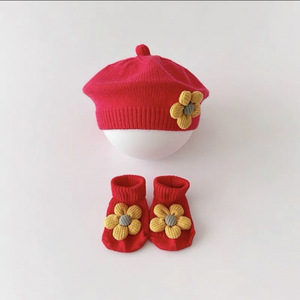 Ensemble <span class=keywords><strong>bonnet</strong></span> et chaussettes mignons pour bébés filles printemps-automne, motif floral tricoté, idéal pour les occasions décontractées - Product Image 5