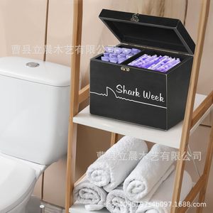 Boîte de rangement rectangulaire en bois pour serviettes hygiéniques, avec couvercle rabattable et compartiments, pour salle de bain ou bureau - Product Image 1