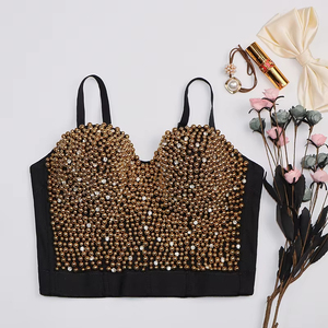 Camisetas sin mangas con corpiño con cuentas de encaje glamuroso sexy personalizado para mujer con perla y diamantes de imitación cortos - Product Image 4