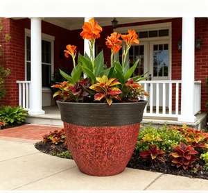 Pot de fleurs en plastique PP bicolore, corps <span class=keywords><strong>rouge</strong></span> moucheté, bordure bronze foncé brossé, rond, pour la maison et le jardin - Product Image 1