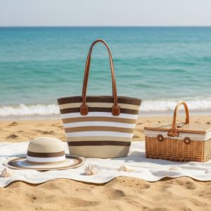 Nouveau sac de plage rayé coloré d'été, grand sac fourre-tout en paille avec fermeture éclair et ensemble chapeau pour les voyages en plein air - Product Image 3
