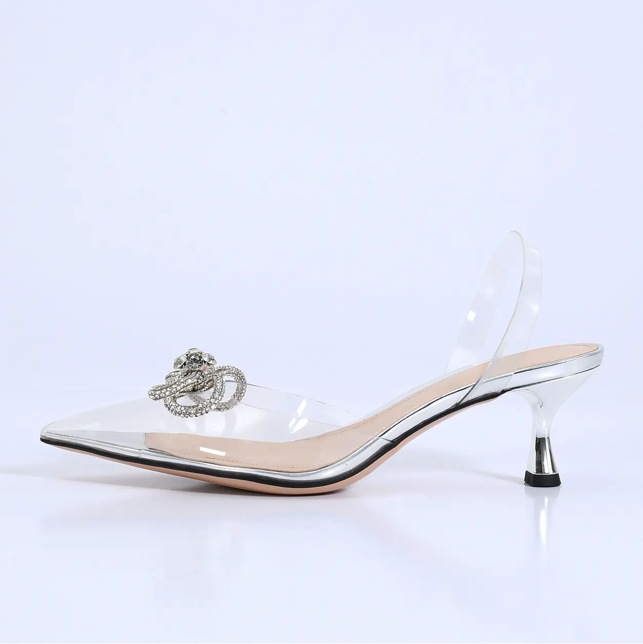 Out-wear strass Bow tacchi medi scarpe da donna sandali in cristallo trasparente incontri All-match Slingback tacchi in metallo