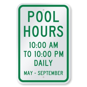Panneau personnalisé 18 x 12 pouces : Heures d'ouverture de la piscine du matin 10h au soir 22h, du printemps au septembre - Product Image 1