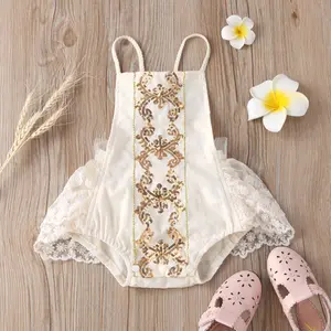 0-24M Summer Baby Girls Boys Bodysuits Lace Flowers Sequined Print Sleeveless Ruffles Backless Jumpsuits