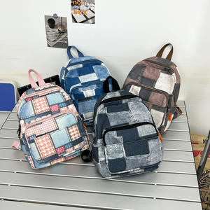 Style coréen unisexe couleur contrastante Plaid loisirs étudiant sac à dos Patchwork Vintage Denim voyage <span class=keywords><strong>cartable</strong></span> - Product Image 1