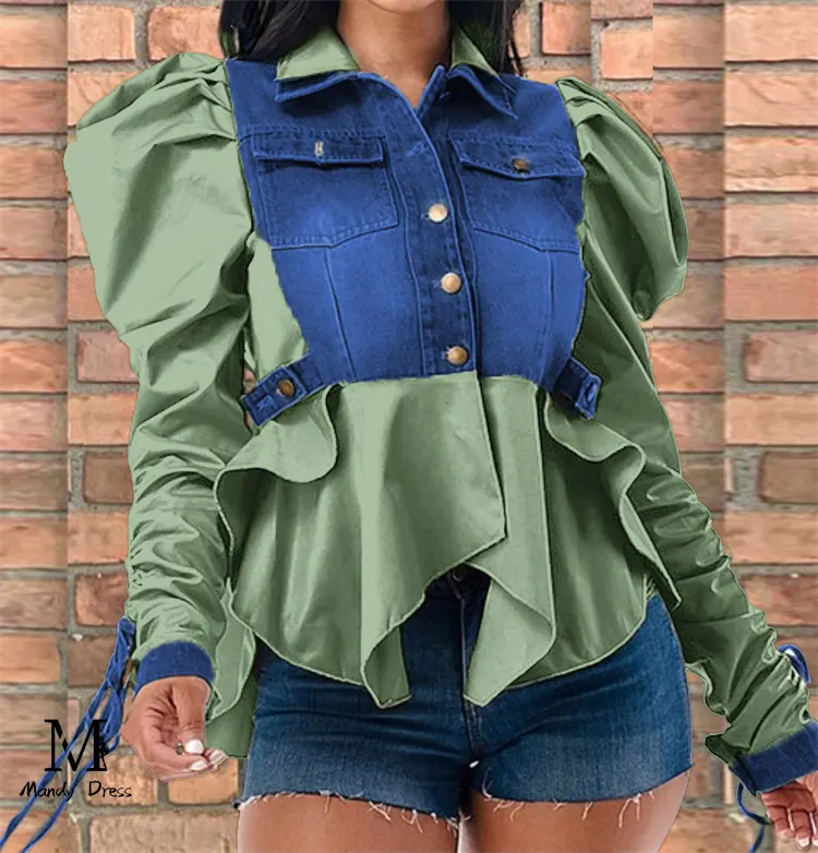 High Quality American Clothing Blouse Denim Patchwork Streetwear Stacked Plus Size Winter Tops For Women Shirt
