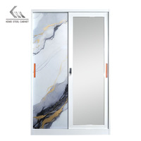 Grande armoire en acier avec porte coulissante et miroir, armoire métallique avec placard supérieur pour la maison et la chambre