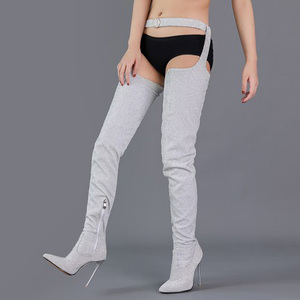 Botas largas de tacón fino alto con punta sólida brillante, talla grande 47, para mujer, con media cremallera lateral, ideales para pole dance. - Product Image 4