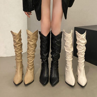 Bottes d'équitation longues plissées épaisses pour femmes, nouvelle collection Printemps-Automne 2025, style western, coupe ajustée, tige haute, bout pointu, semelle extérieure en caoutchouc antidérapante