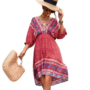 Classic Bohemian V-neck floral placement irregular backless dress Plaid Woven Simple Pencil clothing manufacturers custom