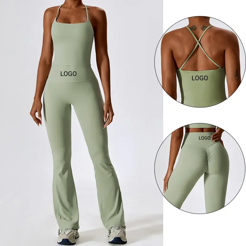 Özel logo kadınlar spor Activewear Yoga spor sütyeni Flare pantolon 2 adet takım elbise spor Yoga seti egzersiz kıyafeti