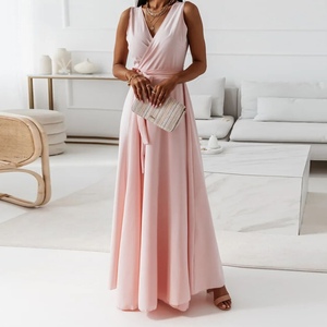 เดรสแฟชั่นผู้หญิงสีพื้น คอวี แขนกุด ผูกเอว ดีไซน์เก๋ - Product Image 3