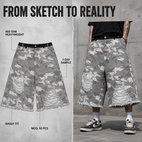 Shorts Bermuda Homme RAMAX Camouflage Déchirés Taille Élastique Style Urbain Emballage Personnalisé avec Logo