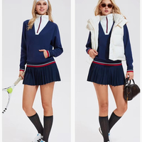 Nouvelle conception, haute qualité, mode, tissu respirant, pull à rayures avec fermeture éclair 1/4, ensemble jupe plissée pour femme, badminton