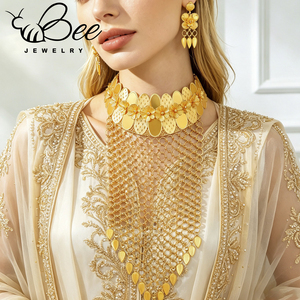 Conjunto de collar y aretes largos de aleación hipoalergénica chapada en oro de 24k a prueba de agua, estilo indio, joyería nupcial de Dubái. - Product Image 5