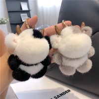 Porte-clés et breloque de sac en fourrure de vison véritable 9 cm, motif vache mignonne, jouet en peluche pour enfants, ornement, cadeau d'anniversaire