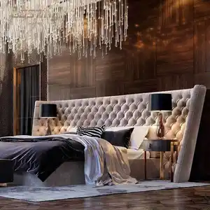 Kunden spezifische Luxus moderne Schlafzimmer möbel Stoff getuftet Knopf hohes Kopfteil Doppelbett Luxus möbel Kingsize-Bett