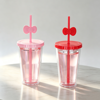 OEM/ODM Gobelet à thé Boba réutilisable à double paroi en plastique avec impression de dessins animés mignons, avec paille et couvercle