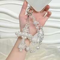 Bracelet de téléphone Y2K en strass argentés et perles imitation croix, porte-clés breloque de sac scintillant avec boule de cristal gothique pour femme