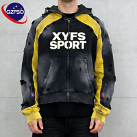 QZFSO Sweat-shirt à capuche zippé pour homme, style streetwear vintage, color block personnalisé, sérigraphie, effet vieilli, patchwork graphique, délavé à l'acide