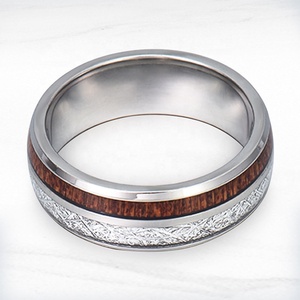 Anneau en carbure de tungstène en acier inoxydable, incrustation de météorite simulée, 8mm de dôme, Hawaii Koa <span class=keywords><strong>bois</strong></span> argent <span class=keywords><strong>Imitation</strong></span> - Product Image 5
