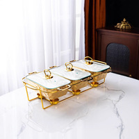 Ensemble de 3 réchauds en céramique martelée dorée avec couvercle en verre et support chauffant doré, réchaud rectangulaire pour buffet, idéal pour la restauration