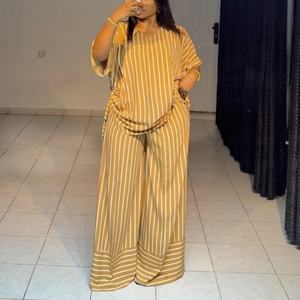 Conjunto de Dos Piezas de Lino para Mujer: Camisa Casual Modesta y Pantalones de Pierna Ancha de Cintura Alta a Rayas - Precio Bajo al por Mayor - Product Image 1