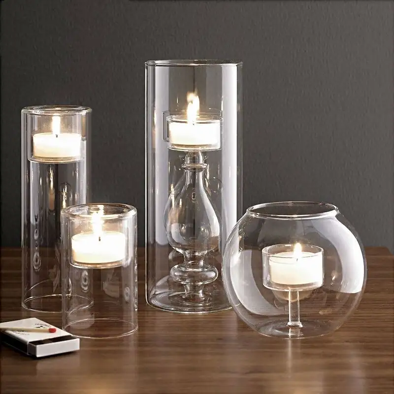 Yaratıcı şeffaf cam küre topu Tealight yuvarlak küre romantik düğün parti su kasırga mumluk