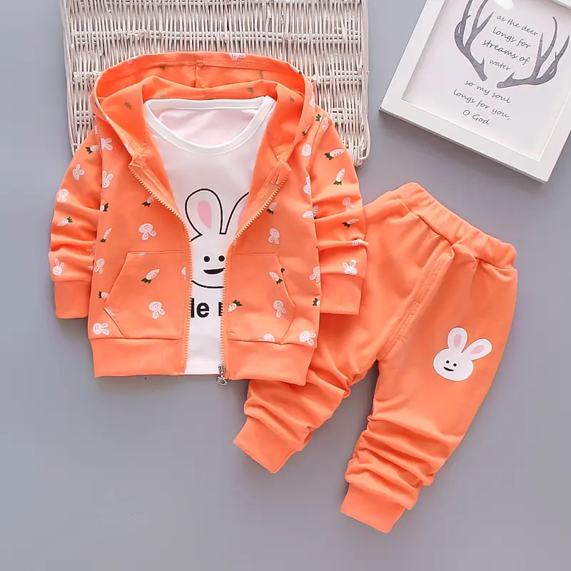 Rarewe Spring Autumn Solid Color Children's Clothing Little Girl Long-Sleeved Hooded Three Pcs Clothing Suit