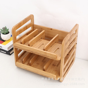 Bamboo Wood Double Layer Storage Rack Removable Office Organizer Rectangle Standing Type 2nd Floor <b>Desktop</b> Drawer Organizer - Product Image 1