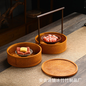 Handmade bamboo woven <b>basket</b>, double-layered lidded food box, Chinese retro style tea set storage box, household round food - Product Image 2