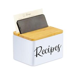 Metal <strong>Recipe</strong> <strong>Box</strong> With Cards and Dividers - White Metal Body, Wooden Lid with Phone Holder and <strong>Recipe</strong> Card Holder - Product Image 3