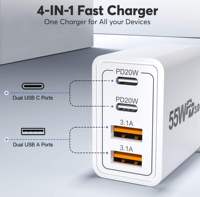 Pengisi Daya Cepat 55W 2-Port USB-C PD 65W dengan Teknologi GaN, Colokan Dinding untuk Earphone, Proteksi OTP