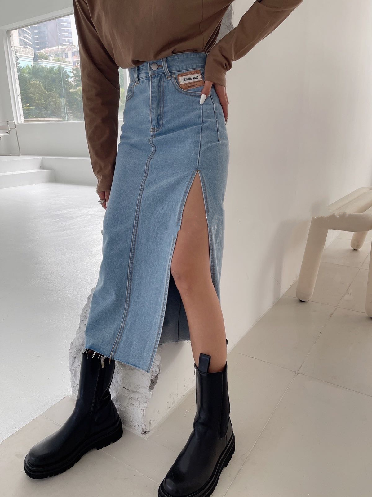 Jupe Jean Femme Taille Haute - Coupe Ample Mi-longue, Cordon De Serrage - Style Vintage Y2K Décontracté - Pour Streetwear - 4