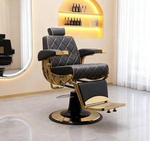 Sillón de Barbería de Lujo Negro y Dorado con Costuras de Diamantes, Respaldo Reclinable Ajustable y Base Hidráulica para Uso en Barberías - Product Image 5