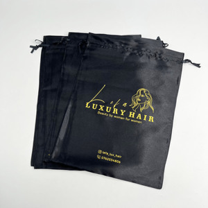 Sacs à cordon en satin noir avec impression dorée personnalisée, sacs anti-poussière en satin de soie pour perruques, cosmétiques, bijoux, emballage cadeau, vente en gros - Product Image 3