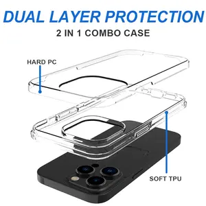 Anti-shock PC+TPU 2 In 1 Double 2 Layers 360 Case Protection Shockproof Clear Transparent Phone Case For Iphone 14 2 In 1