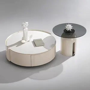 Ensembles de table basse ronde de nouveau style Meubles de salon minimalistes Base de table basse en acier inoxydable côté verre