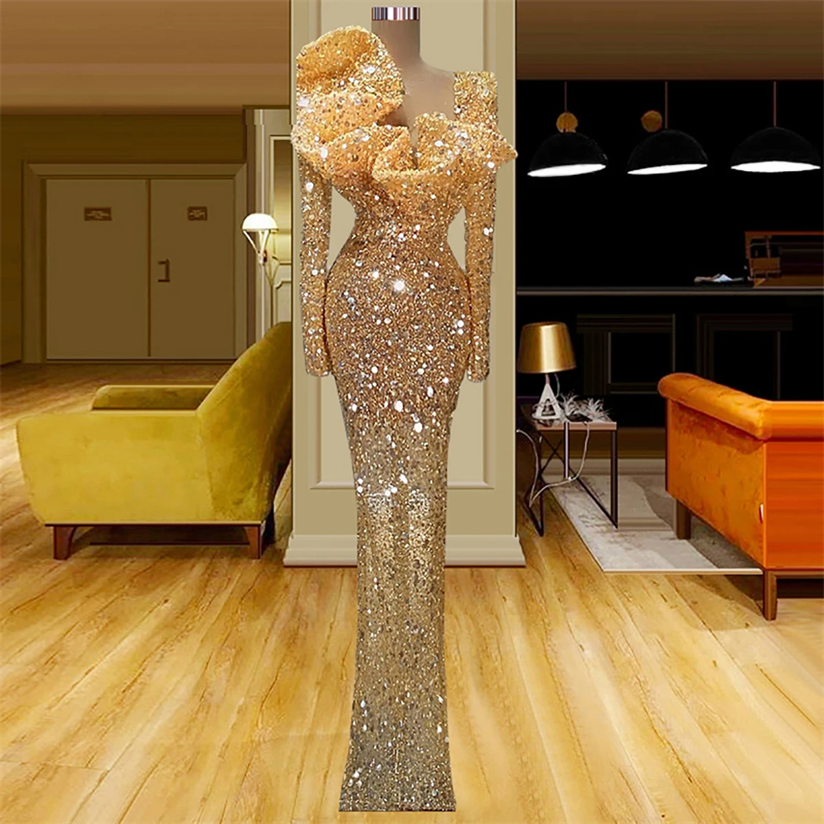 Luxurious Fashion Beading Evening Dresses for Women Fashion Square Neck  Long Sleeves Female Shoulder Simple Mopping Prom Gowns| Alibaba.com