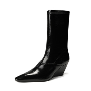 Bottines pour femmes à bout pointu, talon compensé de 3 à 5 cm, doublure en peluche, à enfiler, couleur unie, bottines isolantes d'hiver - Product Image 5