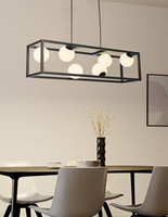 Suspension LED rectangulaire industrielle moderne à 6 lumières avec globes en verre, cadre noir, blanc chaud 3500K, pour plafond de salle à manger