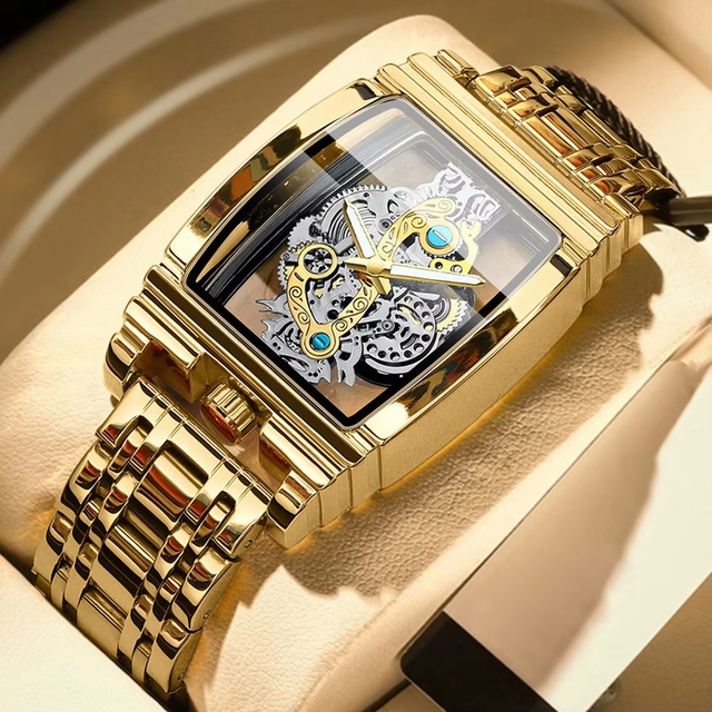 2026 New Bulk Wholesale Luxury Men's Gold Square Barrel Stainless Steel Skeleton Hollow-Out Noctilucent Waterproof Smart Watch