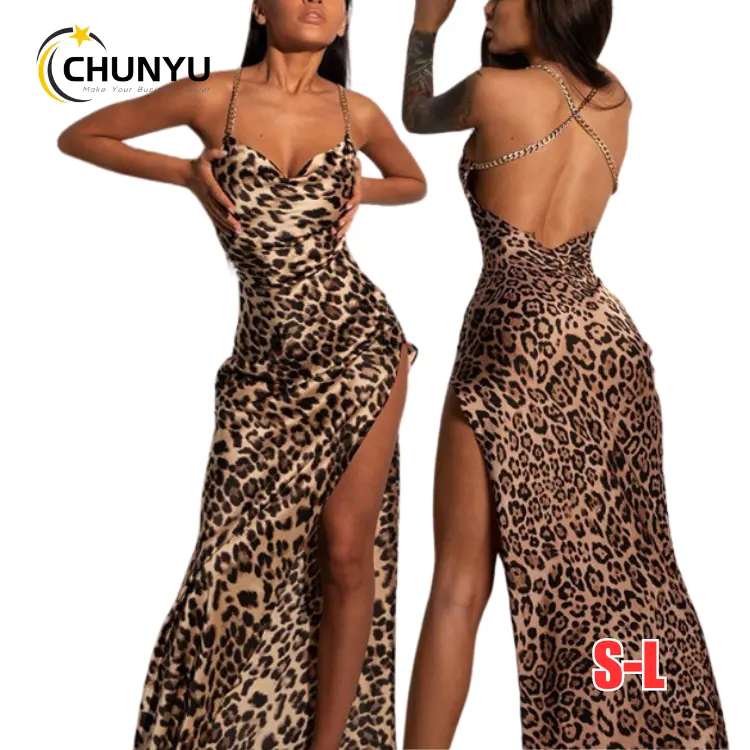 Женское облегающее Платье макси с леопардовым принтом, на тонких бретельках, с открытой спиной, с высоким разрезом, пикантное Клубное коктейльное платье