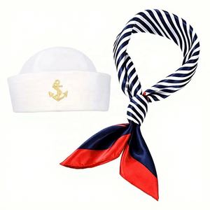 2PC blanco rayas azul yate <span class=keywords><strong>marinero</strong></span> capitán sombrero gorra con bufanda para adulto - Product Image 1