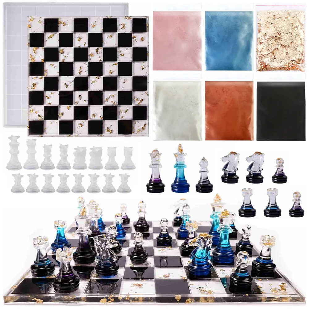 טיימסרי בינלאומי שחמט תלת מימד קריסטל יציקת אפוקסי סט שחמט עם לוח דמקה תבנית שרף סיליקון להכנת שחמט