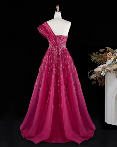 Vestido de fiesta asimétrico de un solo hombro con plumas fucsia Jancember XD041 - Product Image 3