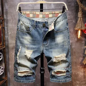 Neu herren gebrochenes loch denim jeans in hose gerader patch große größe fünf hosen herren shorts flow 2024