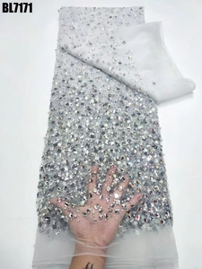 قماش دانتيل فرنسي أنيق عالي الجودة مزين بالخرز يدويًا مع الترتر والزهور الملونة للزفاف والحفلات - Product Image 5